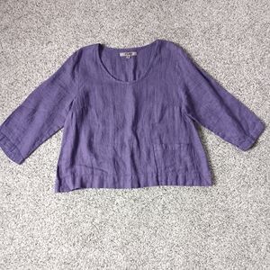Flax 100% Linen Purple Women's Top Relaxed Fit With Pocket Medium Half Sleeve